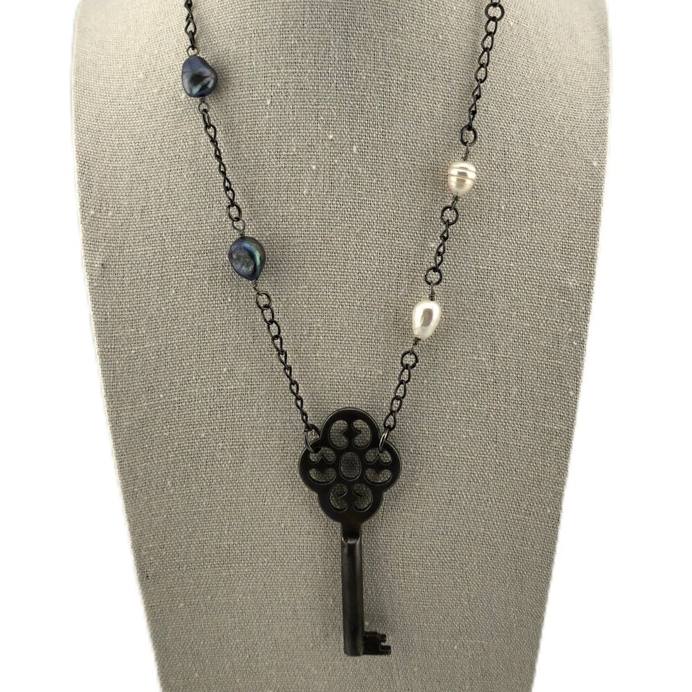 Artist Made Blackened Skeleton Key Necklace with Gray & White Baroque Pearls 26"